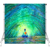 Chakra Color Human Lotus Pose Yoga In Green Tree Forest Tunnel Abstract World Universe Inside Your Mind Mental Watercolor Painting Illustration Design Hand Drawn Backdrops 203928124