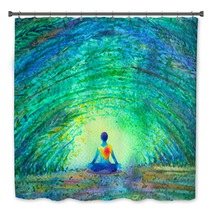 Chakra Color Human Lotus Pose Yoga In Green Tree Forest Tunnel Abstract World Universe Inside Your Mind Mental Watercolor Painting Illustration Design Hand Drawn Bath Decor 203928124