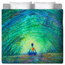 Chakra Color Human Lotus Pose Yoga In Green Tree Forest Tunnel Abstract World Universe Inside Your Mind Mental Watercolor Painting Illustration Design Hand Drawn Bedding 203928124