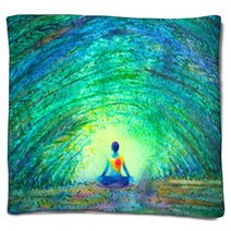 Chakra Color Human Lotus Pose Yoga In Green Tree Forest Tunnel Abstract World Universe Inside Your Mind Mental Watercolor Painting Illustration Design Hand Drawn Blankets 203928124