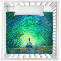 Chakra Color Human Lotus Pose Yoga In Green Tree Forest Tunnel Abstract World Universe Inside Your Mind Mental Watercolor Painting Illustration Design Hand Drawn Nursery Decor 203928124