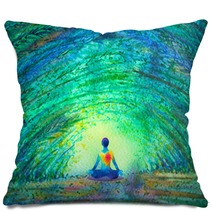 Chakra Color Human Lotus Pose Yoga In Green Tree Forest Tunnel Abstract World Universe Inside Your Mind Mental Watercolor Painting Illustration Design Hand Drawn Pillows 203928124