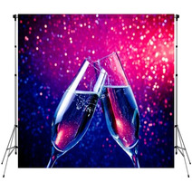 Champagne Flutes With Bubbles On Blue Tint Light Bokeh Backdrops 58452075