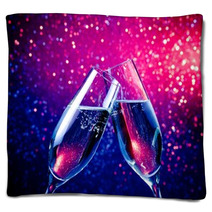 Champagne Flutes With Bubbles On Blue Tint Light Bokeh Blankets 58452075