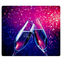 Champagne Flutes With Bubbles On Blue Tint Light Bokeh Rugs 58452075