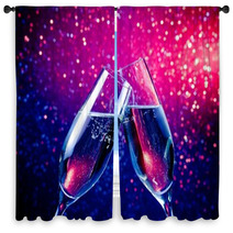 Champagne Flutes With Bubbles On Blue Tint Light Bokeh Window Curtains 58452075