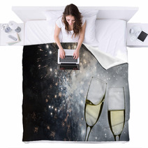 Champagne Glasses And Holiday Firework Lights Blankets 72136234