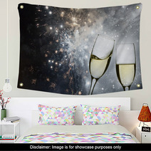 Champagne Glasses And Holiday Firework Lights Wall Art 72136234