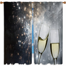 Champagne Glasses And Holiday Firework Lights Window Curtains 72136234