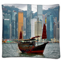 China, Junk In Hong Kong Harbor Blankets 21135947