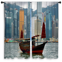 China, Junk In Hong Kong Harbor Window Curtains 21135947