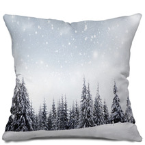 Christmas Background With Snowy Fir Trees Pillows 72691340