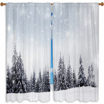 Christmas Background With Snowy Fir Trees Window Curtains 72691340