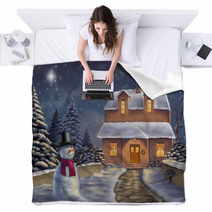 Christmas Landscape At Night. Original Digital Illustration. Blankets 10102539