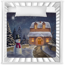 Christmas Landscape At Night. Original Digital Illustration. Nursery Decor 10102539