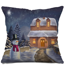 Christmas Landscape At Night. Original Digital Illustration. Pillows 10102539