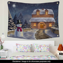 Christmas Landscape At Night. Original Digital Illustration. Wall Art 10102539