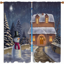 Christmas Landscape At Night. Original Digital Illustration. Window Curtains 10102539