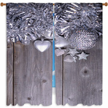 Christmas Ornaments And Gift Ribbon On Painted Wood Window Curtains 59136022