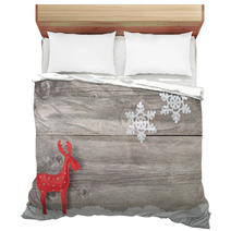 Christmas Reindeer On Wooden Background Bedding 57491415