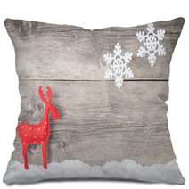 Christmas Reindeer On Wooden Background Pillows 57491415