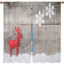 Christmas Reindeer On Wooden Background Window Curtains 57491415
