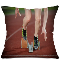 Close-up Image Of A Female Runner Leaving The Starting Blocks Pillows 46138963