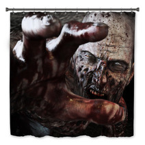 Close Up Portrait Of A Horrible Scary Zombie Attacking Reaching For Its Unsuspecting Victim Horror Halloween 3d Rendering Bath Decor 117867640