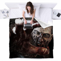 Close Up Portrait Of A Horrible Scary Zombie Attacking Reaching For Its Unsuspecting Victim Horror Halloween 3d Rendering Blankets 117867640