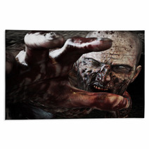 Close Up Portrait Of A Horrible Scary Zombie Attacking Reaching For Its Unsuspecting Victim Horror Halloween 3d Rendering Rugs 117867640
