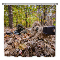 Closeup Of Two Snipers During A Special Operation In Forest/Two Snipers Lie On The Ground In The Woods During A Special Operation Bath Decor 93415978
