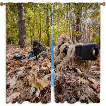 Closeup Of Two Snipers During A Special Operation In Forest/Two Snipers Lie On The Ground In The Woods During A Special Operation Window Curtains 93415978