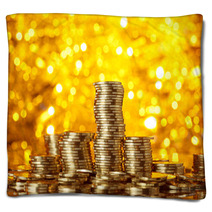 Coins Stack On Golden Bokeh Background Blankets 61530541