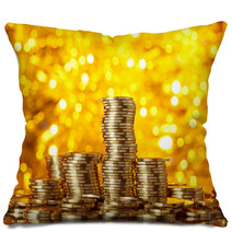 Coins Stack On Golden Bokeh Background Pillows 61530541