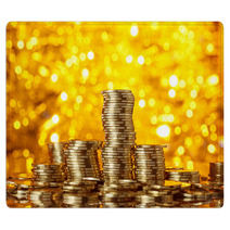 Coins Stack On Golden Bokeh Background Rugs 61530541