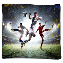 Collage Adult Soccer Players In Action On Stadium Panorama Blankets 133529572