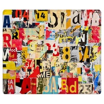 Collage Of Many Numbers And Letters Ripped Torn Advertisement Street Posters Grunge Creased Crumpled Paper Texture Background Placard Backdrop Surface Rugs 281326976