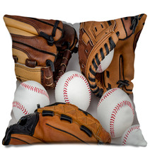 Collection Of Baseball Gloves And Baseballs. Pillows 64969347
