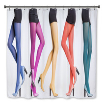 Collection Of Colorful Stockings On Sexy Woman Legs On Grey Bath Decor 54746443