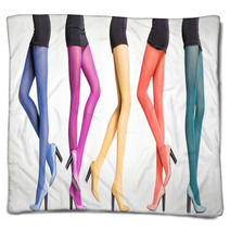 Collection Of Colorful Stockings On Sexy Woman Legs On Grey Blankets 54746443