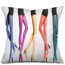 Collection Of Colorful Stockings On Sexy Woman Legs On Grey Pillows 54746443