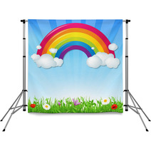 Color Rainbow With Clouds Grass And Flowers Backdrops 56687130