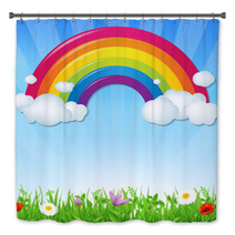 Color Rainbow With Clouds Grass And Flowers Bath Decor 56687130
