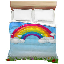 Color Rainbow With Clouds Grass And Flowers Bedding 56687130