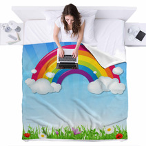 Color Rainbow With Clouds Grass And Flowers Blankets 56687130