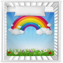 Color Rainbow With Clouds Grass And Flowers Nursery Decor 56687130