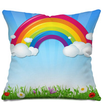 Color Rainbow With Clouds Grass And Flowers Pillows 56687130