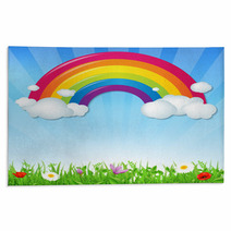 Color Rainbow With Clouds Grass And Flowers Rugs 56687130
