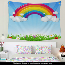 Color Rainbow With Clouds Grass And Flowers Wall Art 56687130