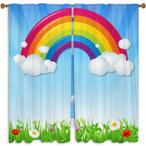 Color Rainbow With Clouds Grass And Flowers Window Curtains 56687130